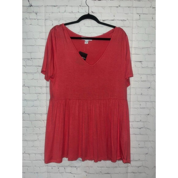 Forever 21 Womens Coral Short Sleeve V Neck Top Babydoll Blouse 2X 2XL - Picture 1 of 2
